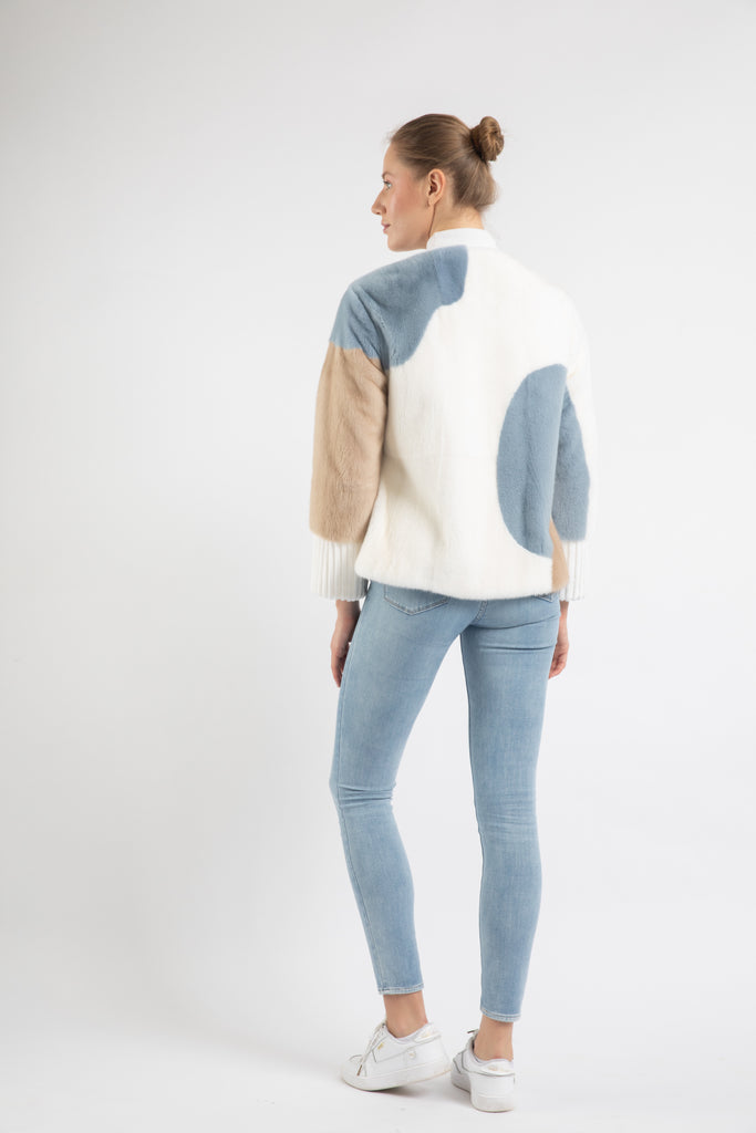 WHITE/ PALOMINO/LIGHT BLUE  MINK FUR JACKET WITH LEATHER ROPE