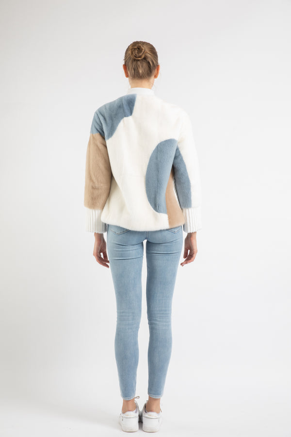 WHITE/ PALOMINO/LIGHT BLUE  MINK FUR JACKET WITH LEATHER ROPE