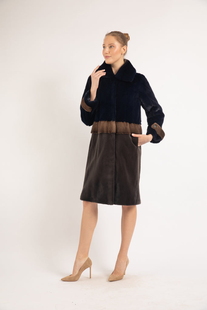 NAVY/ BROWN/ MUSHROOM  MINK FUR COAT