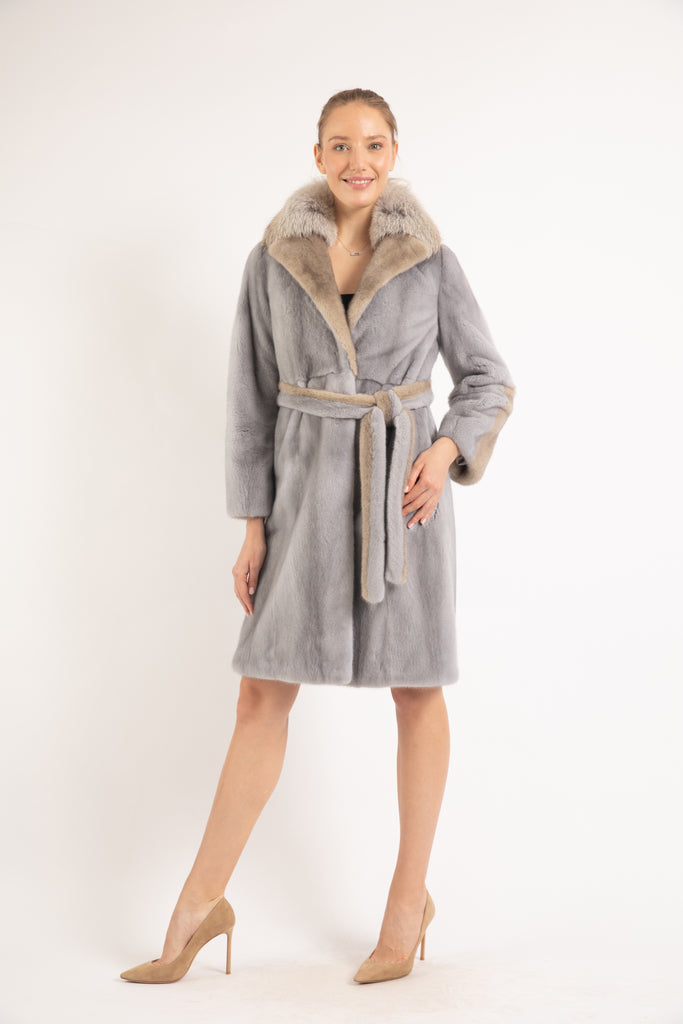 SAPPHIRE/ SAND BEIGE  SILVERBLUE MINK & FOX FUR COAT