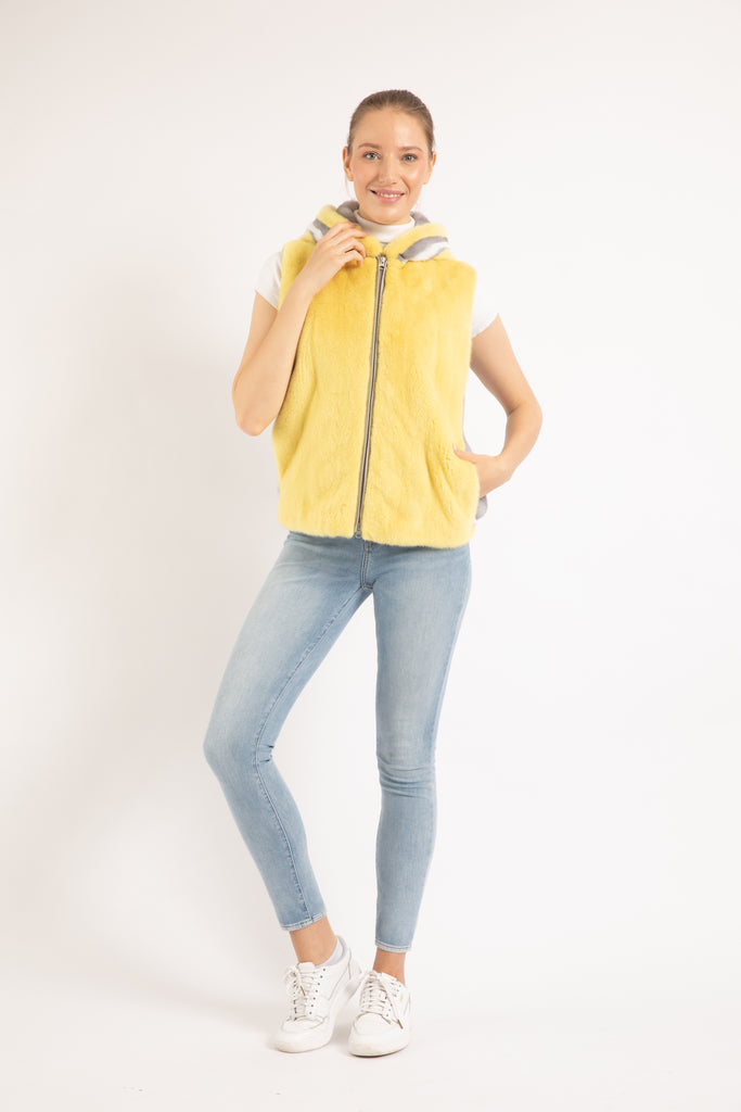 YELLOW/ SAPPHIRE/ WHITE MINK FUR HOOD VEST