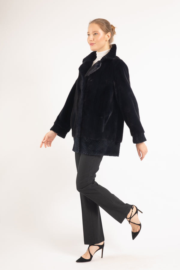 NAVY GROOVED MINK  FUR JACKET