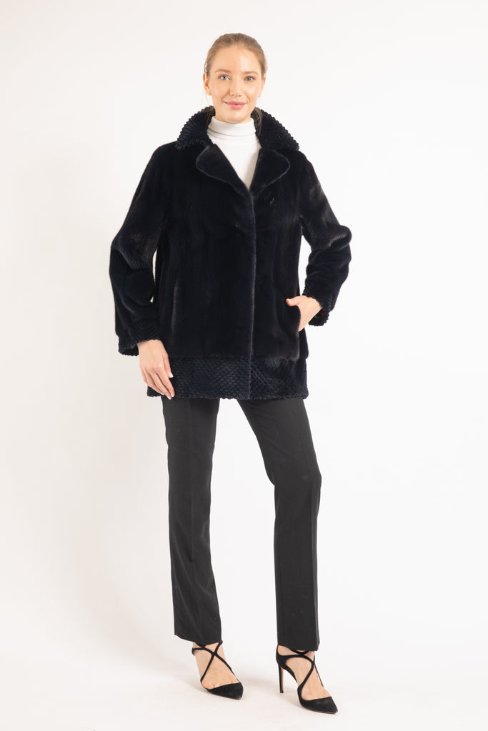 NAVY GROOVED MINK  FUR JACKET