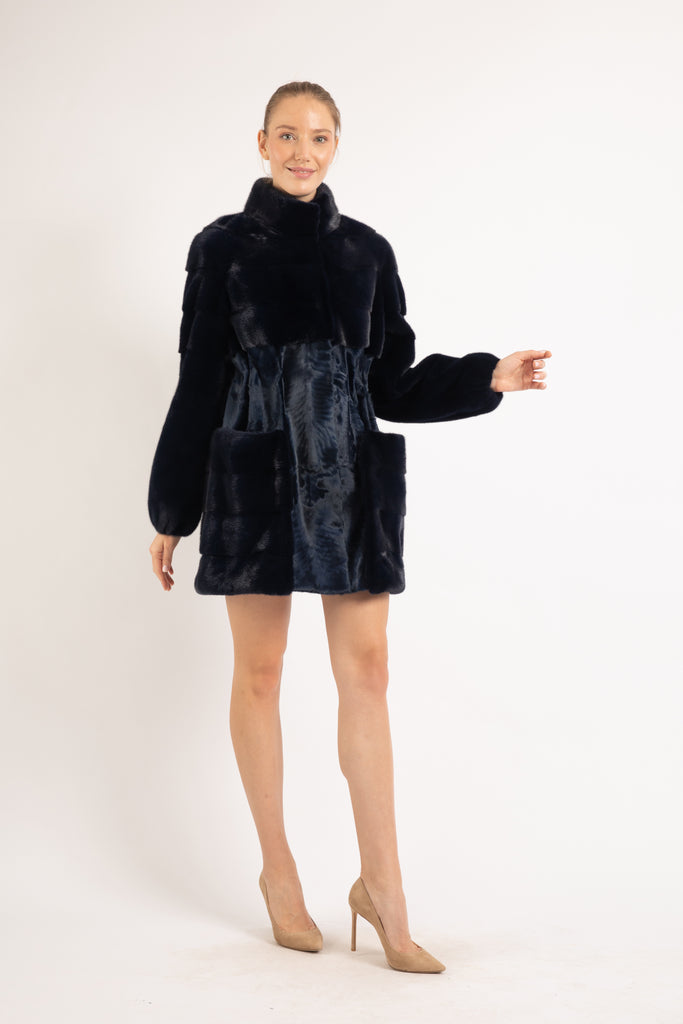 NAVY MINK & BROADTAIL  KID LAMB FUR JACKET