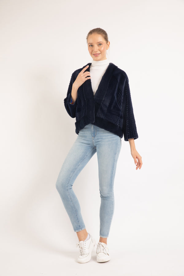 NAVY KIMONO MINK FUR JACKET