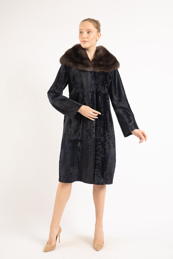 NAVY BROADTAIL LAMB &  RUSSIAN SABLE FUR COAT