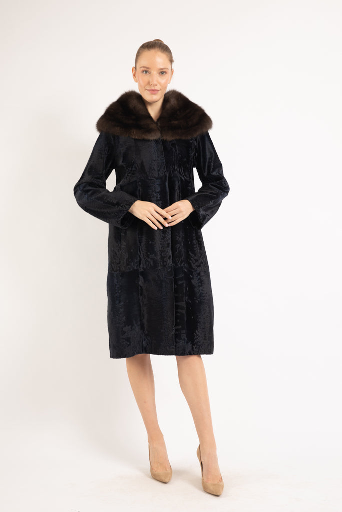 NAVY BROADTAIL LAMB &  RUSSIAN SABLE FUR COAT