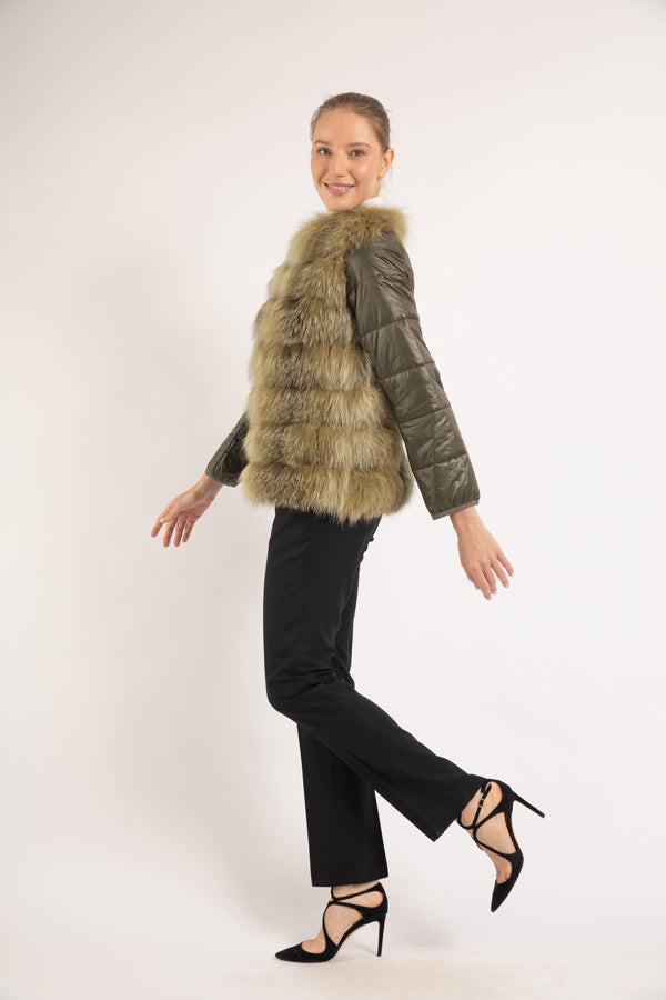 KHAKI FOX THIN DOWN  FUR JACKET