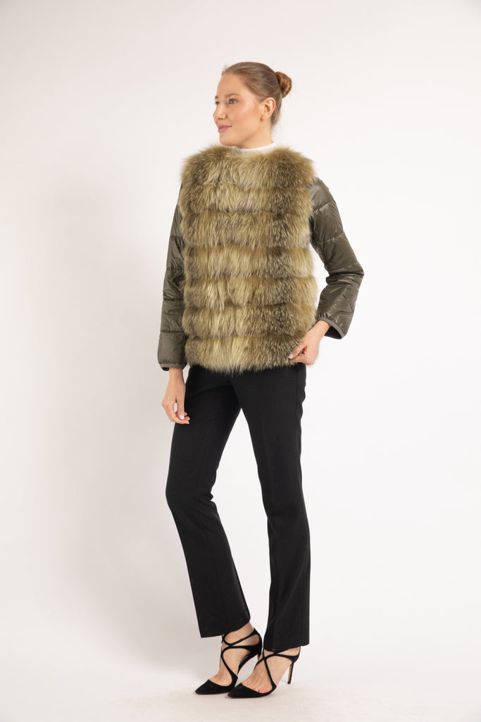 KHAKI FOX THIN DOWN  FUR JACKET