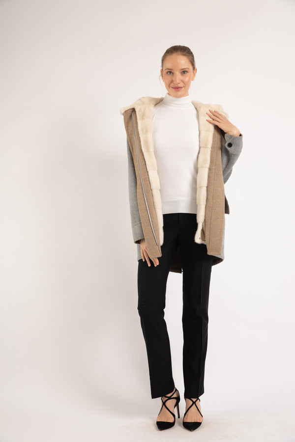 GREY/ PEARL MINK & BEIGE WOOL FUR JACKET